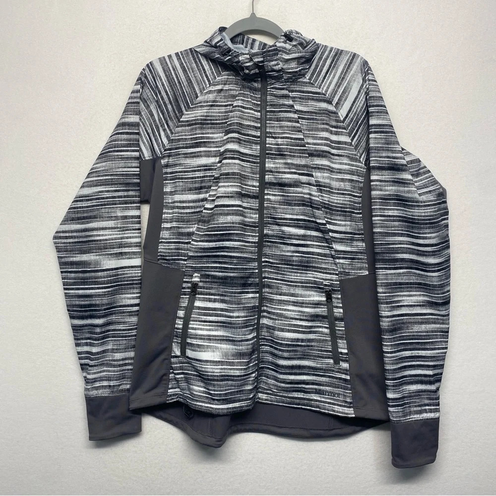 MARMOT Womens Sz XL Muse Running Lightweight Jacket Grey‎ Striped Hooded